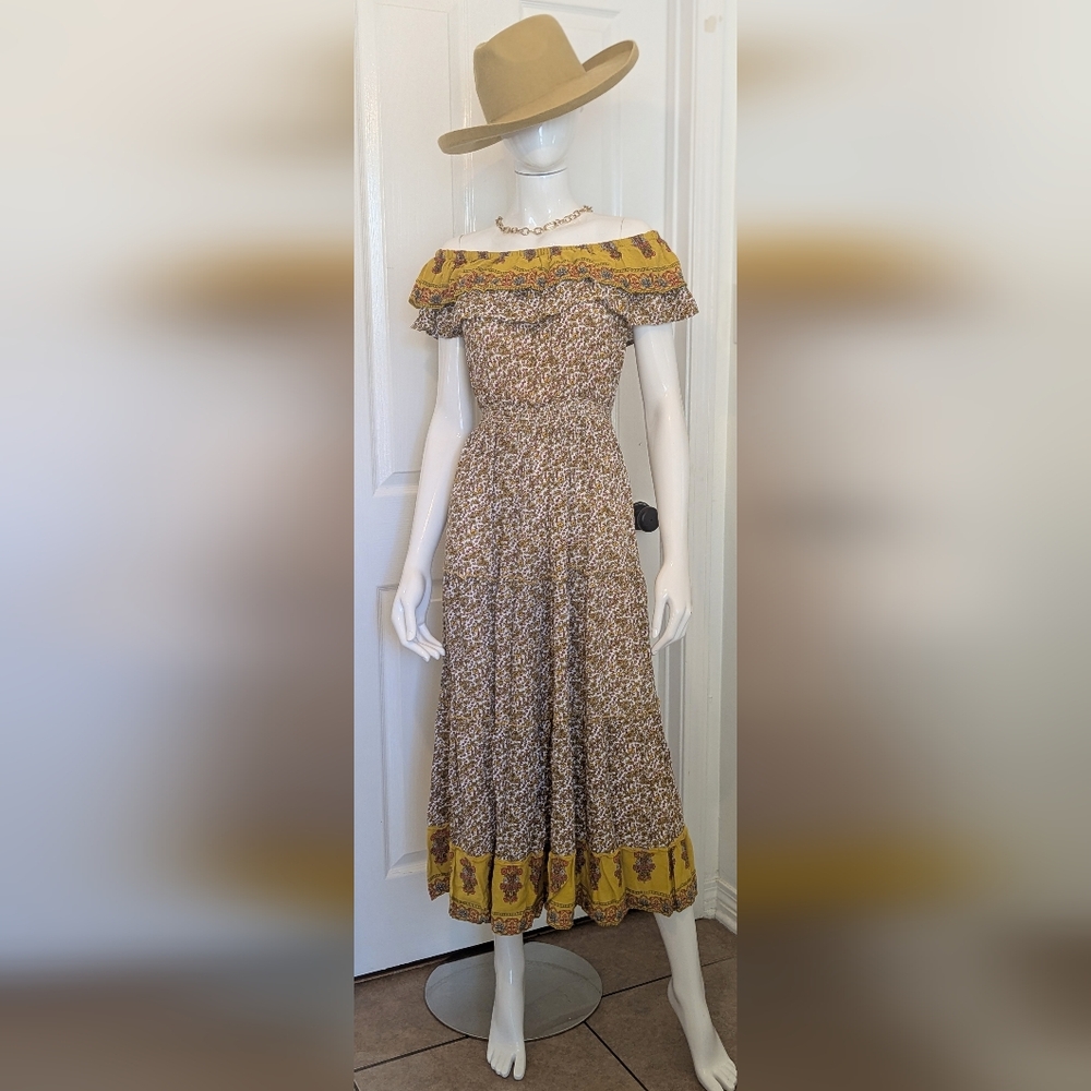 Yellow Floral Off Shoulder Maxi Tiered  Dress with Ruffle Neckline Medium